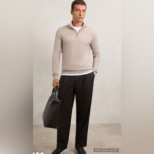 Reiss Wheat Melange Blackhall Merino Wool Half Zip Funnel Neck Sweater Size XL